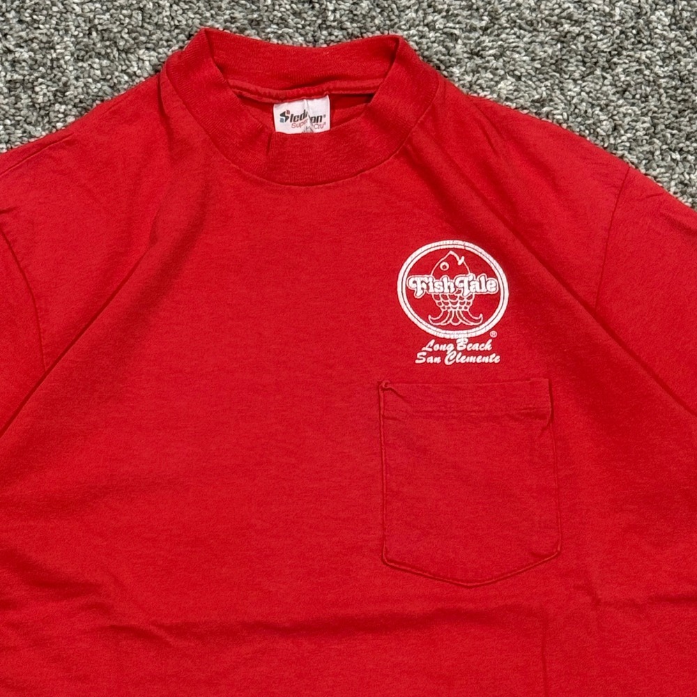 Vintage 80s Fish Tale Long Beach Pocket Tee Shirt  Single Stitch Mens Medium USA